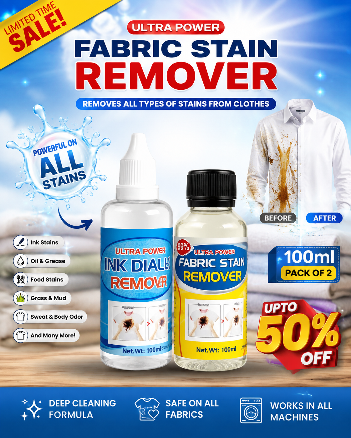 All in One Fabric Stain Remover 100ml (Pack of 2 Bottle 50ml Each)